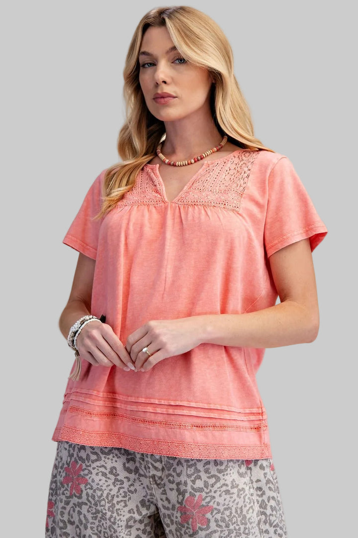 SHORT SLEEVE LACE TRIM COTTON TOP - CORAL