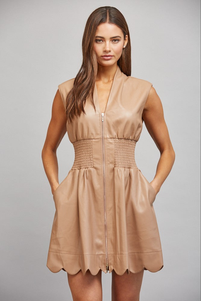 SLEEVELESS FAUX LEATHER SMOCKED ZIP FRONT DRESS - LATTE
