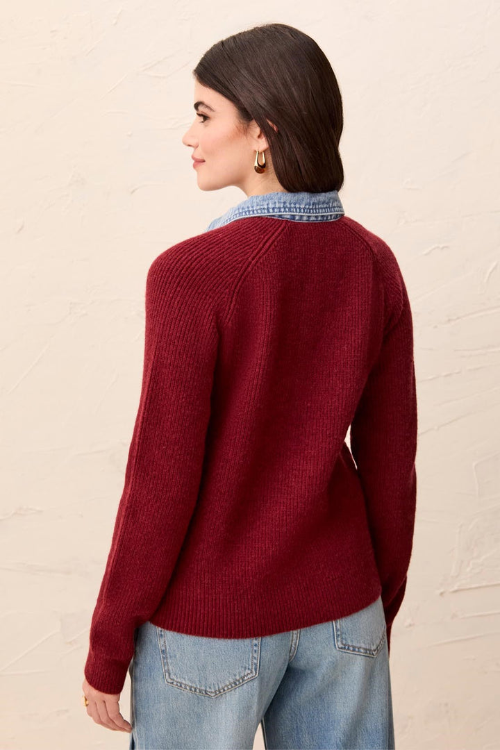 LONG SLEEVE MIXED MEDIA SWEATER JACKET WITH DENIM DETAIL - CHERRY LACQUER