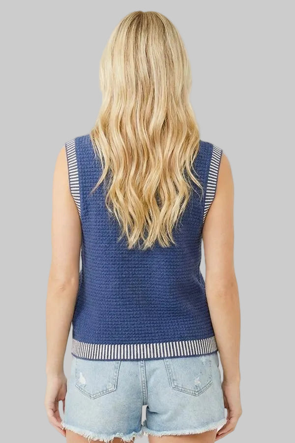 TEXTURED COLOR ACCENT SLEEVELESS KNIT TOP - NAVY