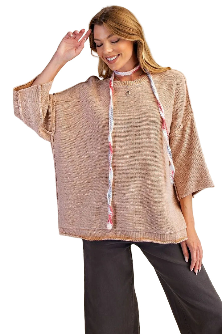 MINERAL WASHED LOOSE FIT KNIT SWEATER - LATTE