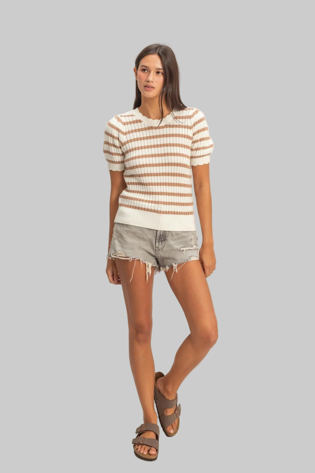PUFF SLEEVE SCALLOP EDGE STRIPED KNIT TOP - TAUPE