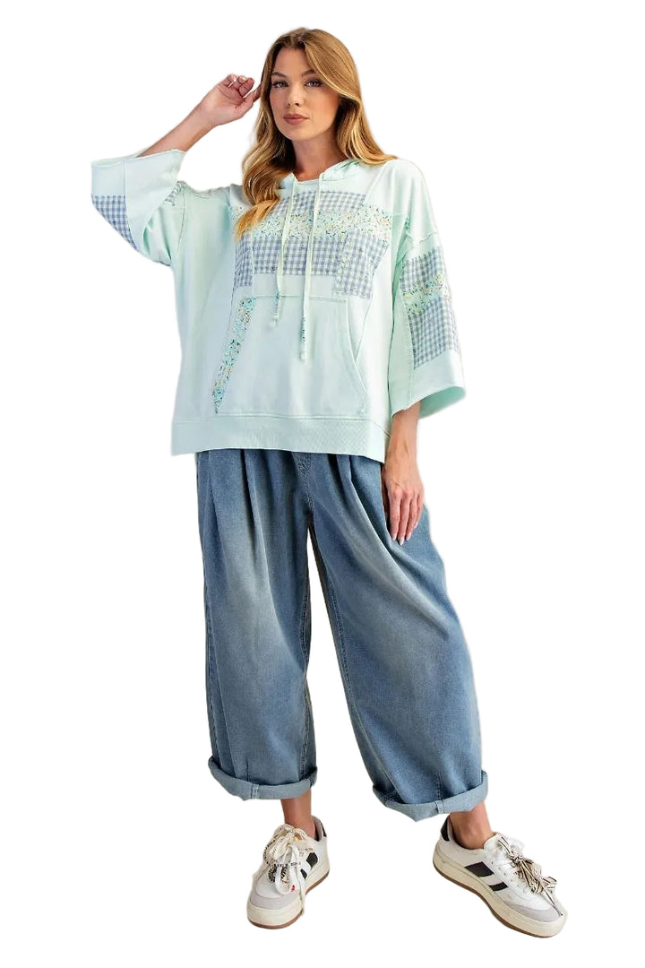 FLORAL PRINT MIX WASHED HOODED PULLOVER - MINT BLUE