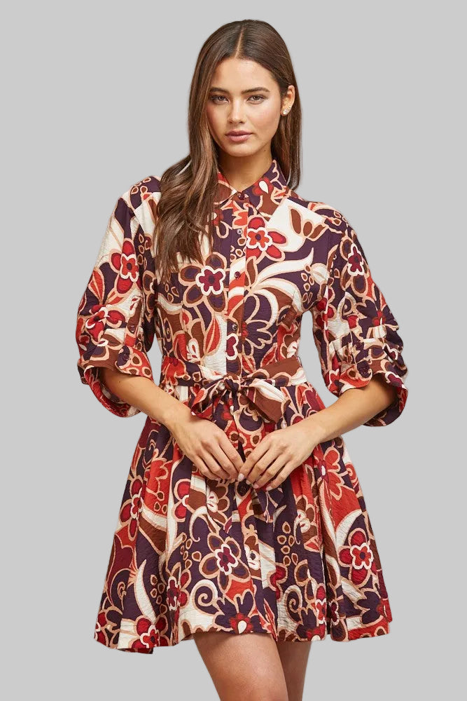SHORT SLEEVE ABSTRACT FLORAL TIE WAIST DRESS - PURPLE MULTI
