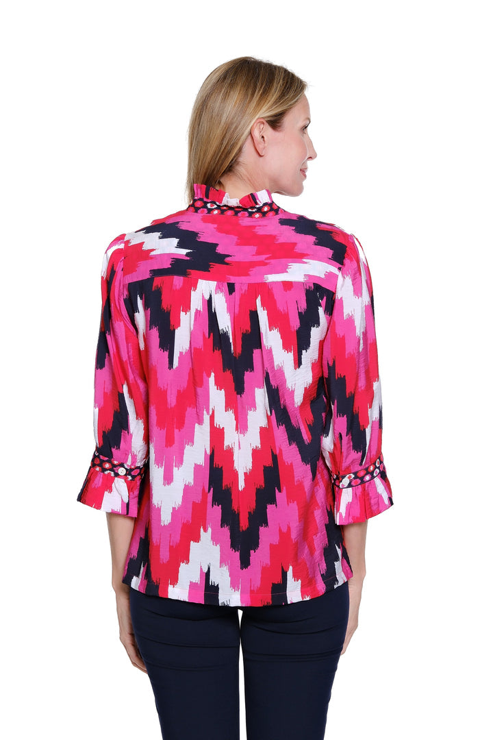 3/4 FLOUNCE SLEEVE RUFFLE COLLAR TOP - ABSTRACT PINK/RED/NAVY