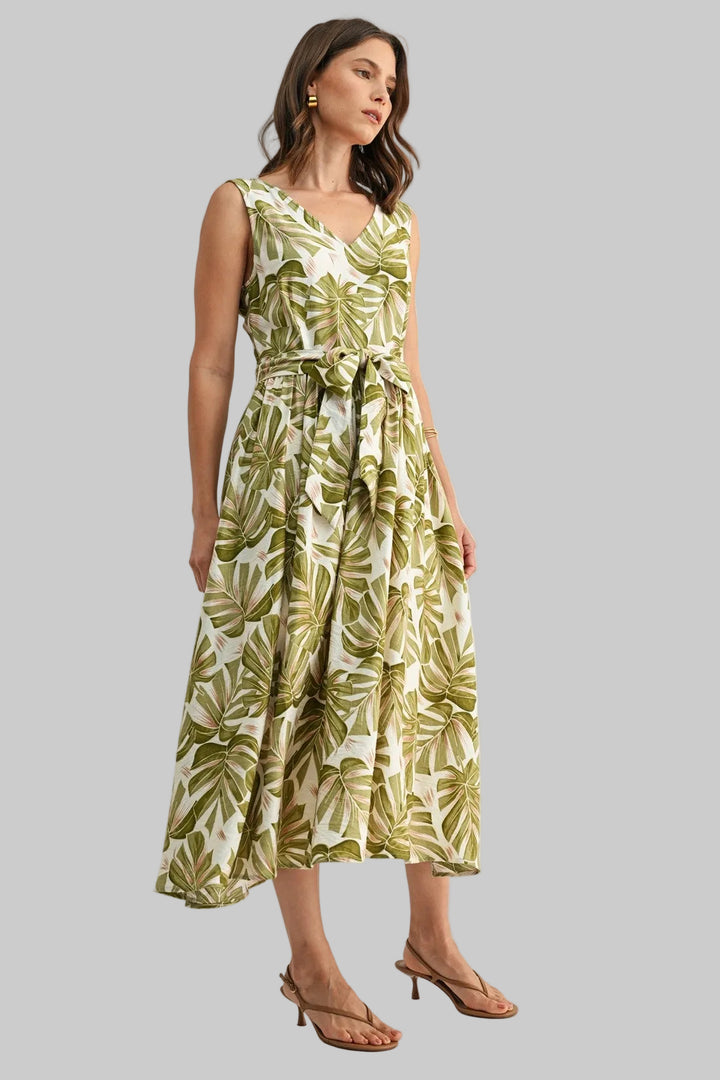 V-NECK LEAF PRINT MAXI DRESS W/BELT - OLIVE