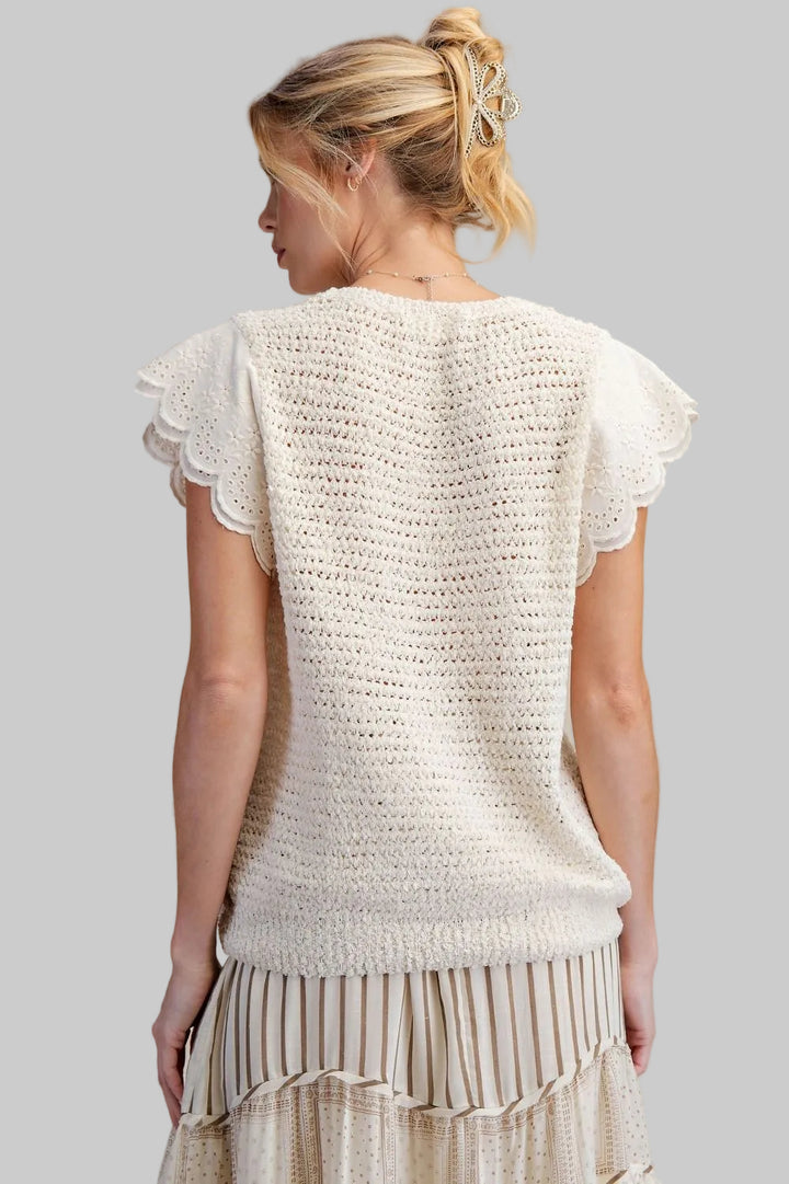 WING SHORT SLEEVE KNITTED SWEATER TOP - NATURAL