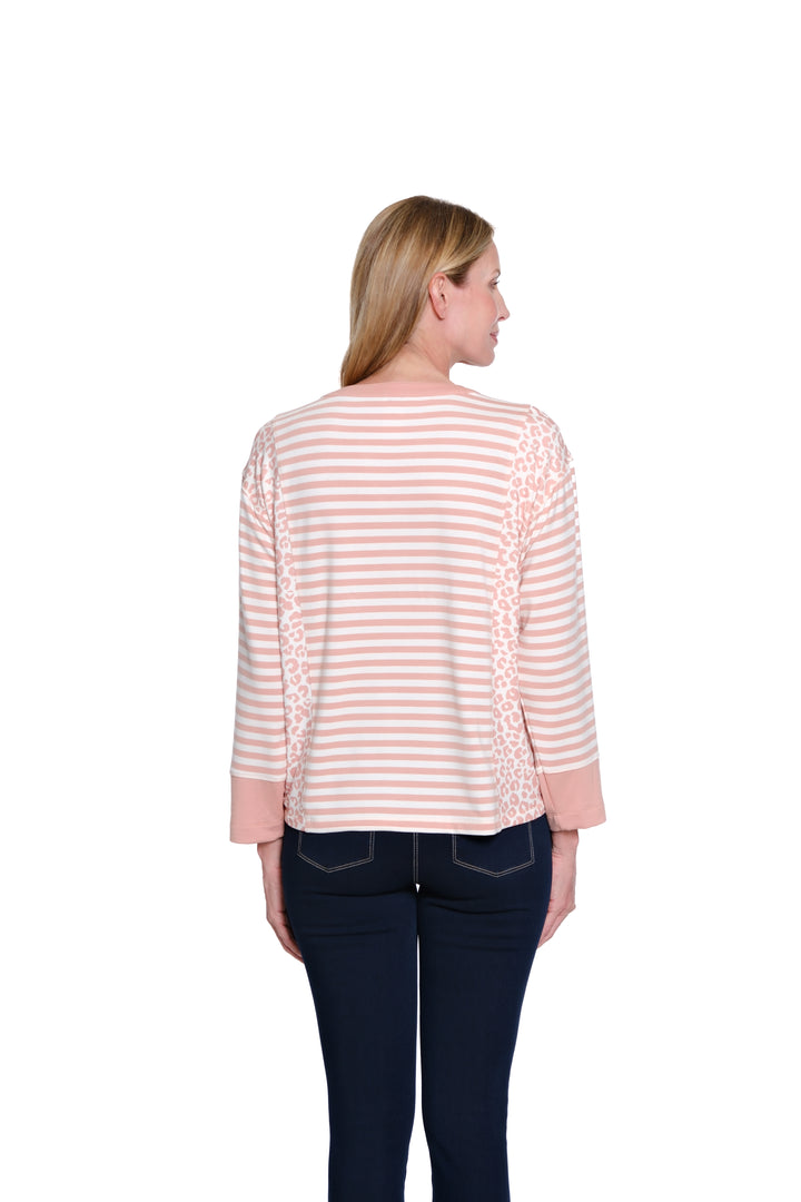 3/4 SLEEVE STRIPED & ANIMAL PRINT CONTRAST TOP - PINK/WHITE