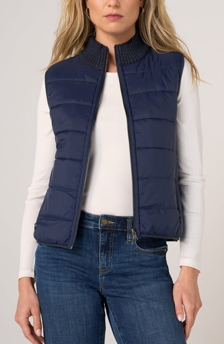 PETITE SLEEVELESS REVERSIBLE QUILTED VEST - HEATHER NAVY