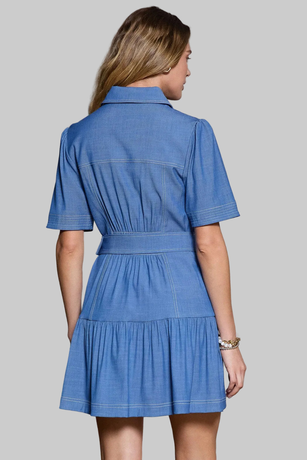 COLLARED BUTTON UP TIERED SHORT DRESS W/BELT - BLUE