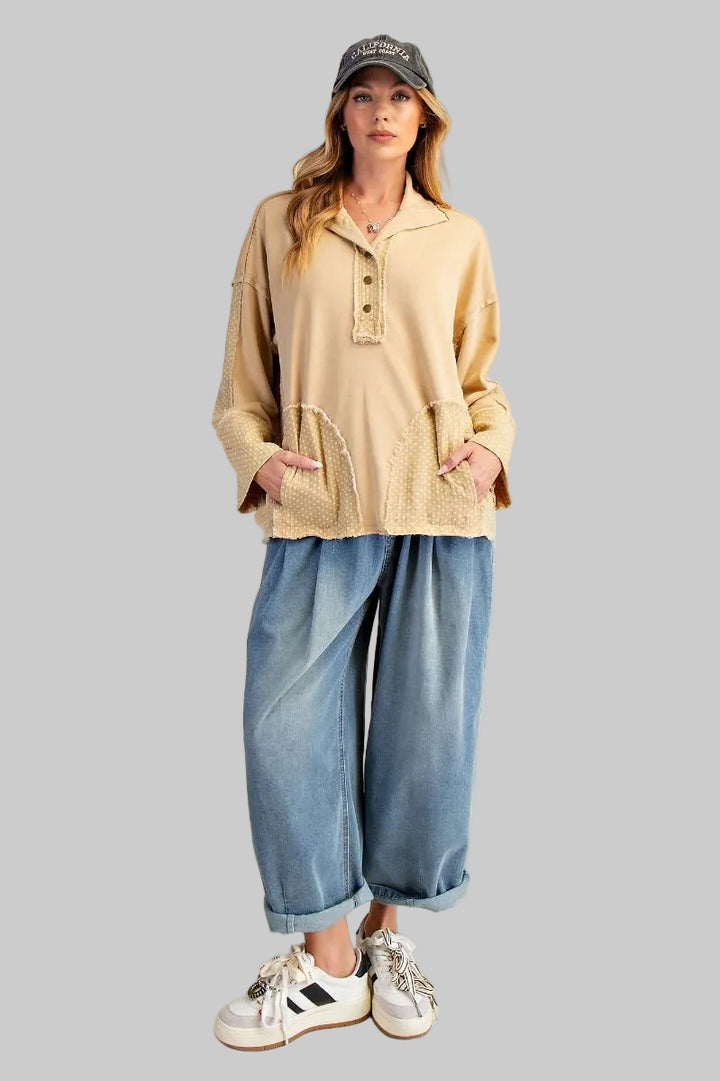 POLKA DOT MIX WASHED PULLOVER - HONEY MUSTARD