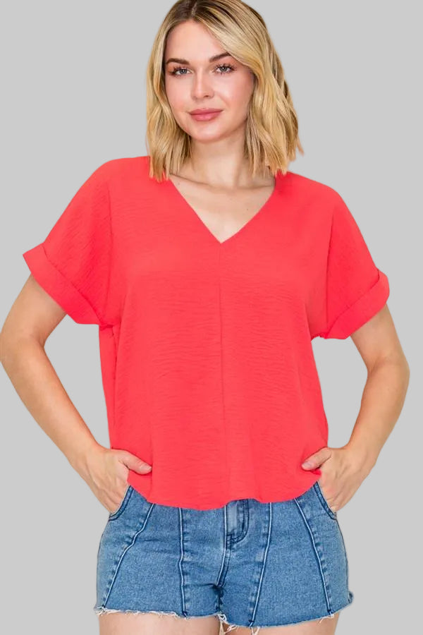 ROLL UP SHORT SLEEVE LOOSE FIT TOP - RED