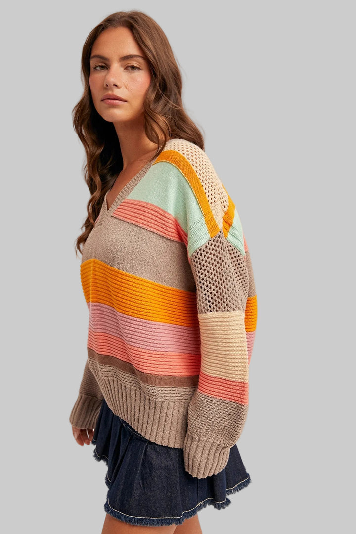 STRIPED COLOR BLOCKED SWEATER - MOCHA/MINT/CORAL