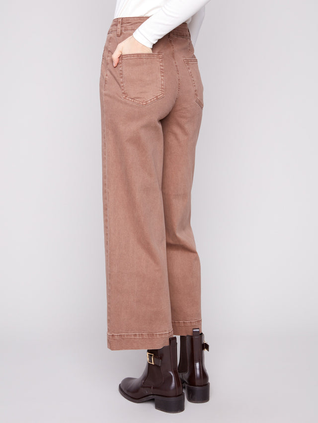 CROPPED PATCH POCKET FLARE TWILL PANTS - TRUFFLE