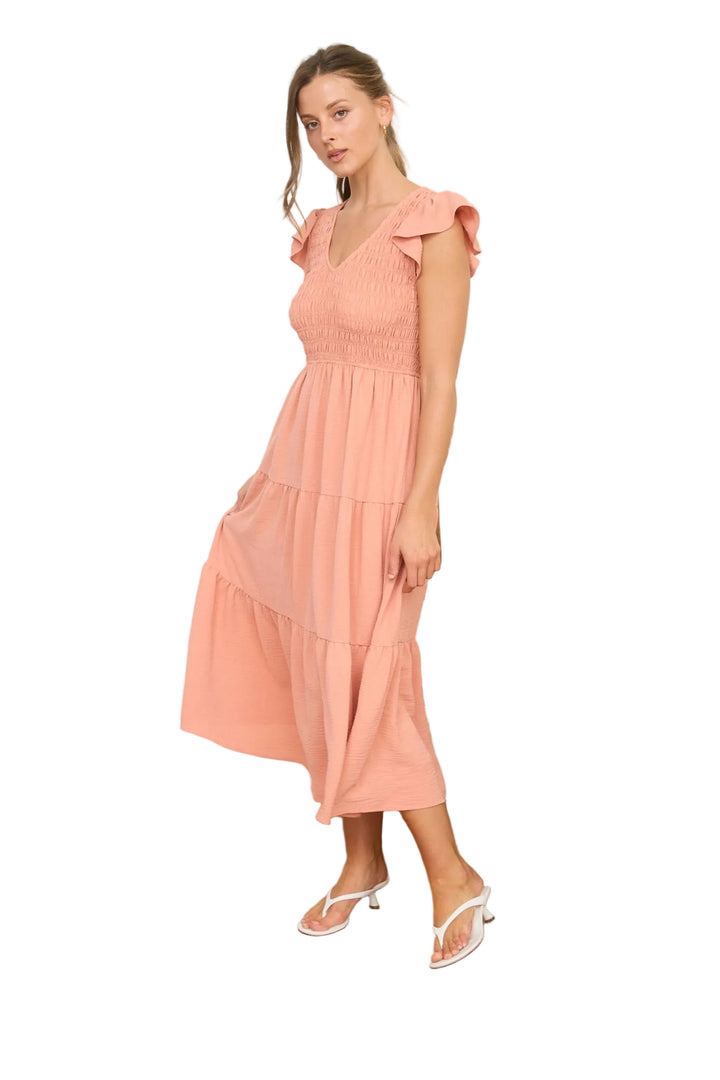 FLUTTER SLEEVE SMOCKED BODICE MIDI DRESS - PEACH