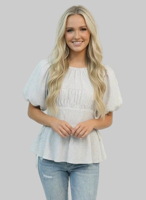 STRIPED PUFF SLEEVE SIDE BOW BLOUSE - WHITE/BLACK