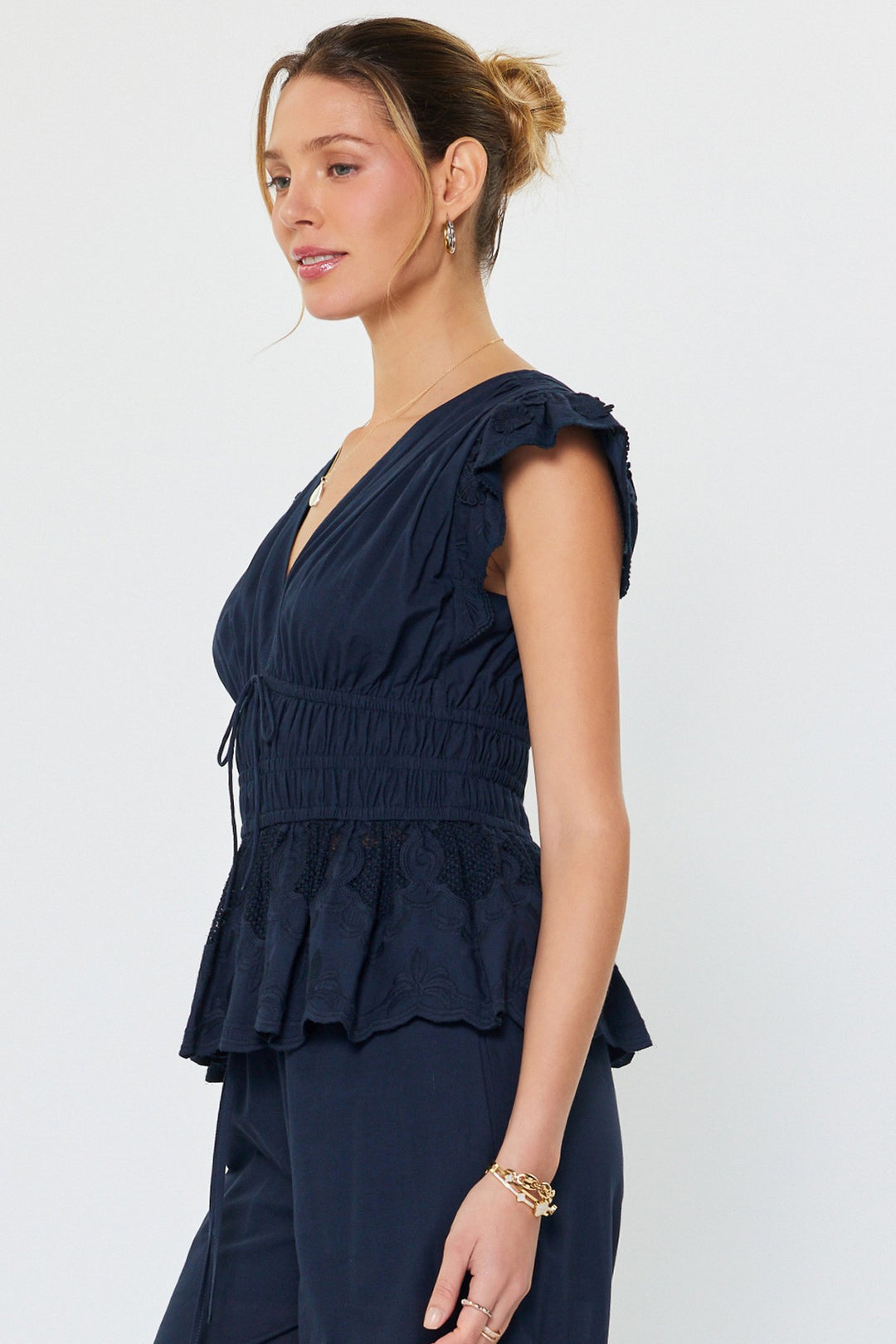 FLUTTER SLEEVE ELASITCIZED WAIST BLOUSE - NAVY