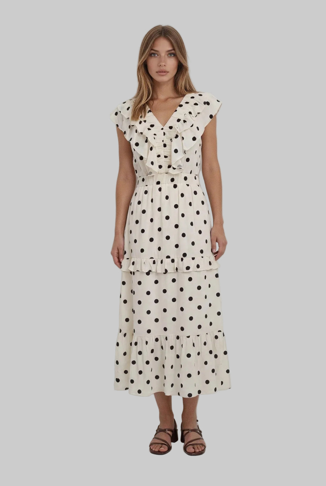 RUFFLED POLKA DOT MIDI DRESS - IVORY