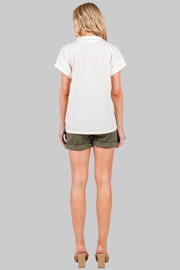 CAP SLEEVE TEXTURED HALF ZIP CONTRAST TOP - OFF WHITE