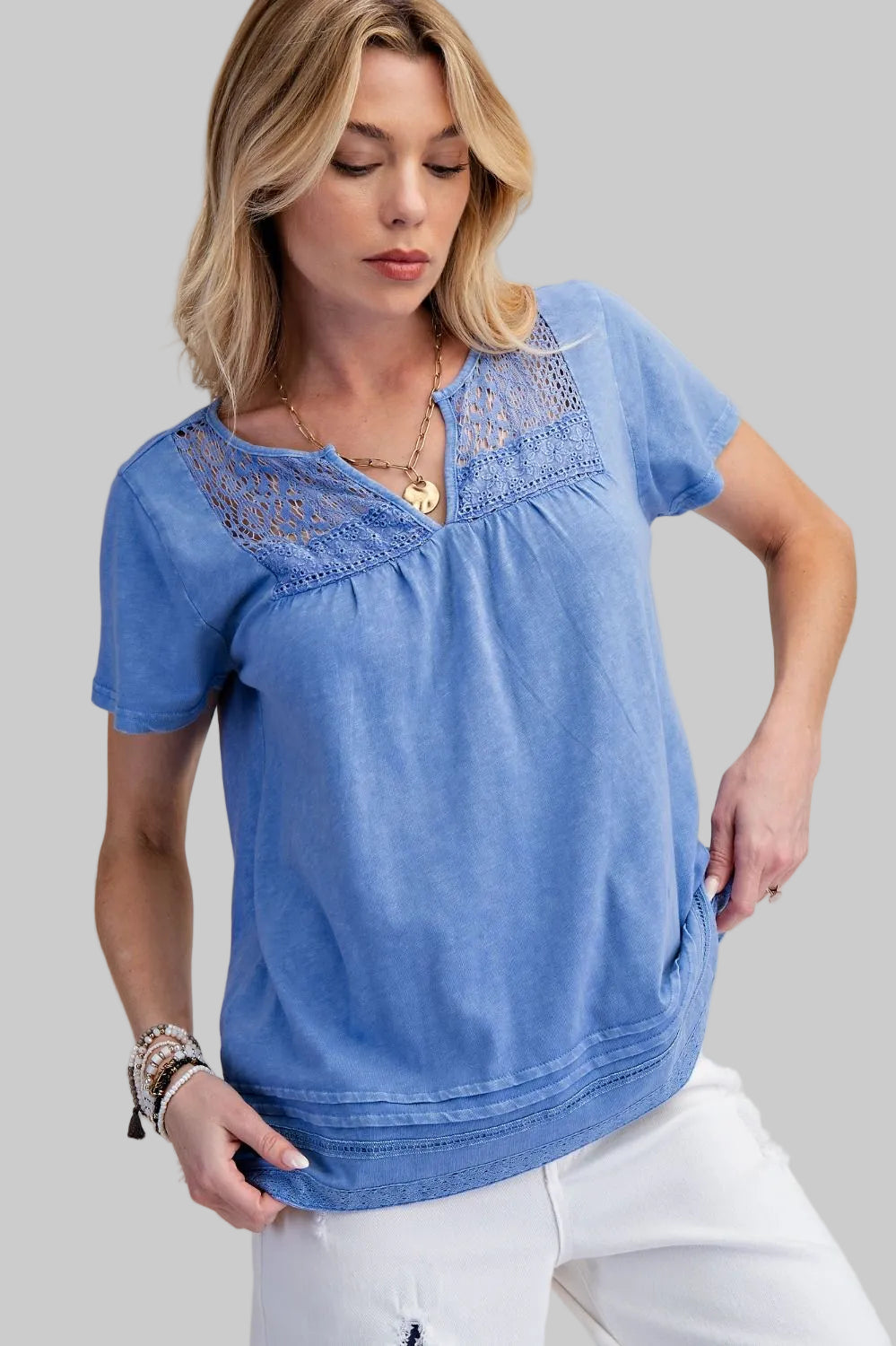 SHORT SLEEVE LACE TRIM COTTON TOP - LILAC BLUE