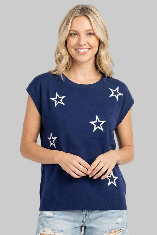 SHORT SLEEVE STAR EMBROIDERED PULLOVER - NAVY