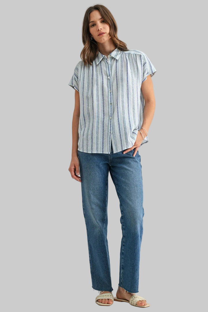 DOLMAN SHORT SLEEVE STRIPED BUTTON DOWN TOP - BLUE COMBO