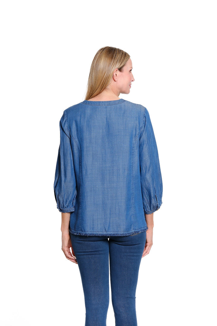 3/4 SLEEVE BUTTON FRONT FRINGE HEM EMBROIDERED TOP - DENIM