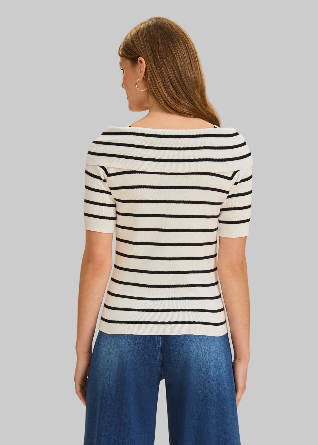 BOAT NECK STRIPE KNIT TOP - BLACK