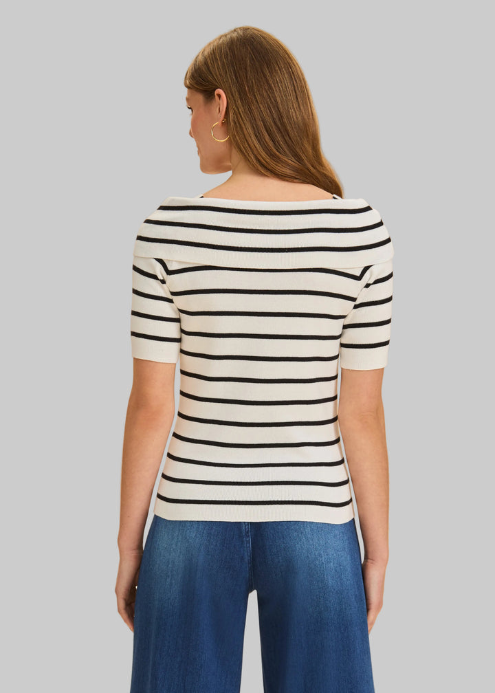 BOAT NECK STRIPE KNIT TOP - BLACK