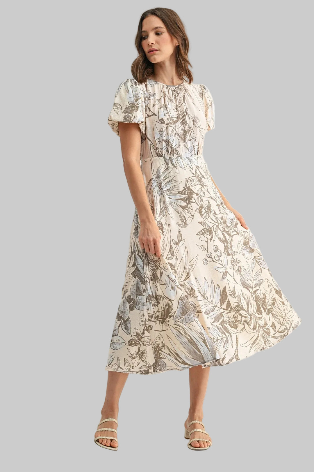 PUFF SLEEVE LEAF PRINT MIDI DRESS - NATURAL/OLIVE