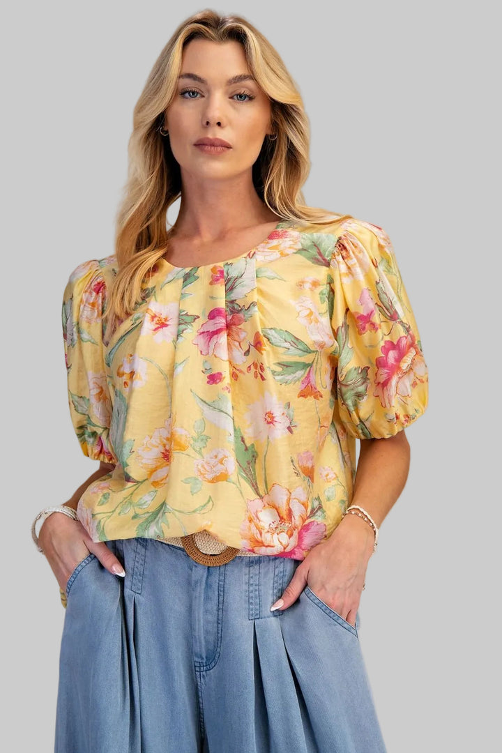 PUFF SHORT SLEEVE FLORAL BOW BACK TOP - YELLOW
