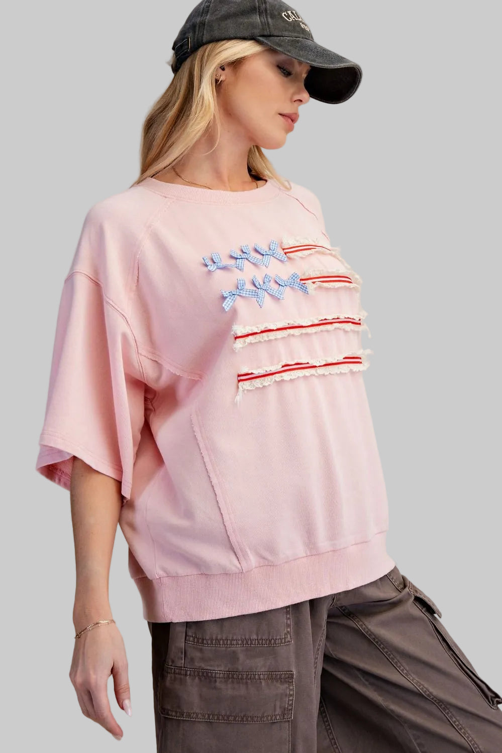 HALF SLEEVE OVERSIZED FLAG TERRY TOP - COTTON PINK