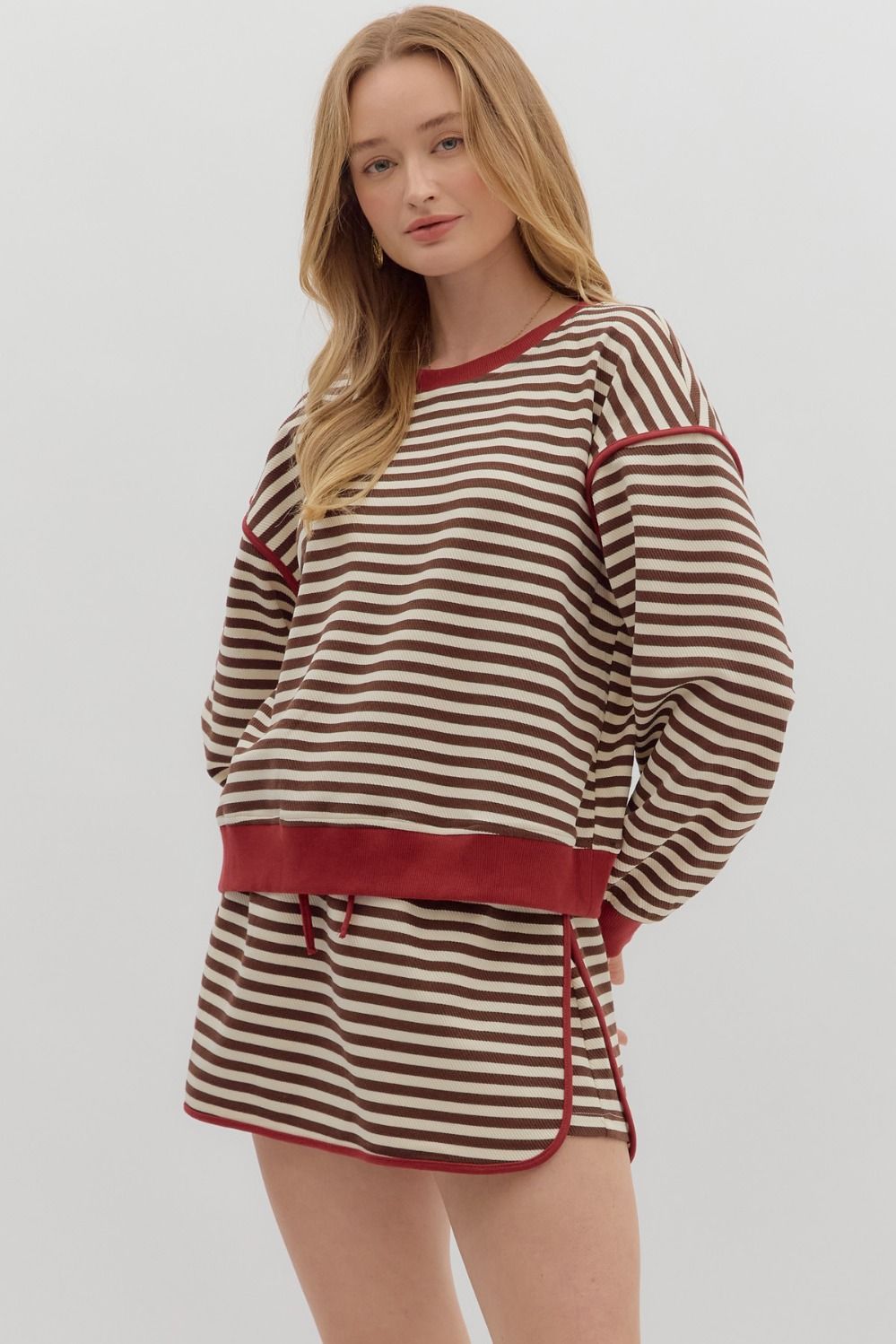 STRIPED JERSEY PULLOVER - RED BROWN