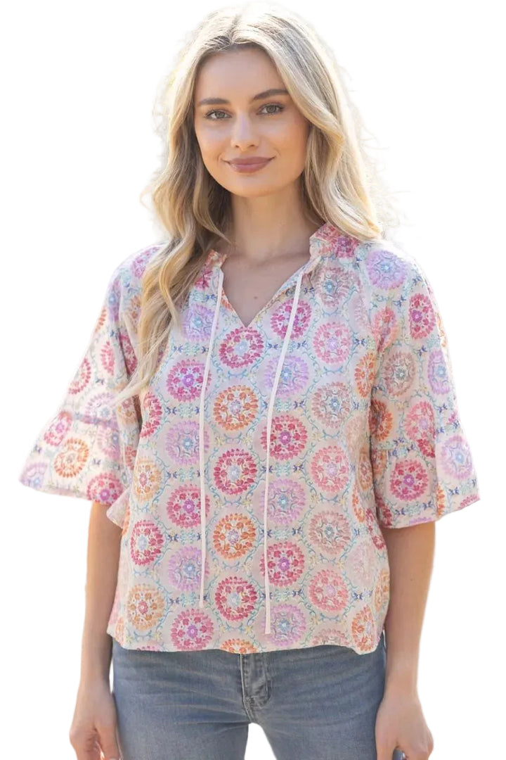 RAGLAN WIDE SLEEVE FLORAL EMBROIDERED TOP - PINK