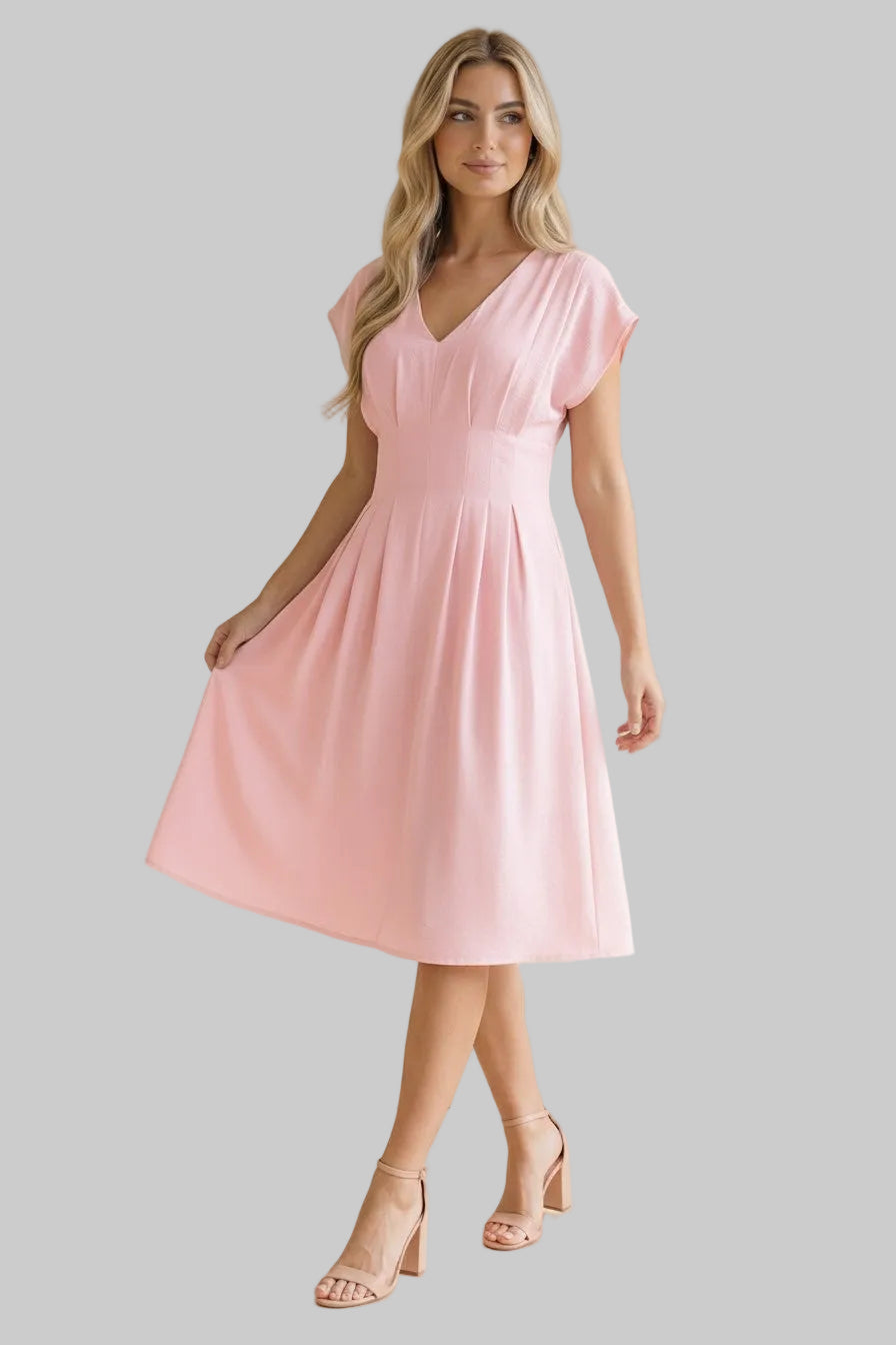 CAP SLEEVE V-NECK PLEATED WOVEN DRESS - BLUSH