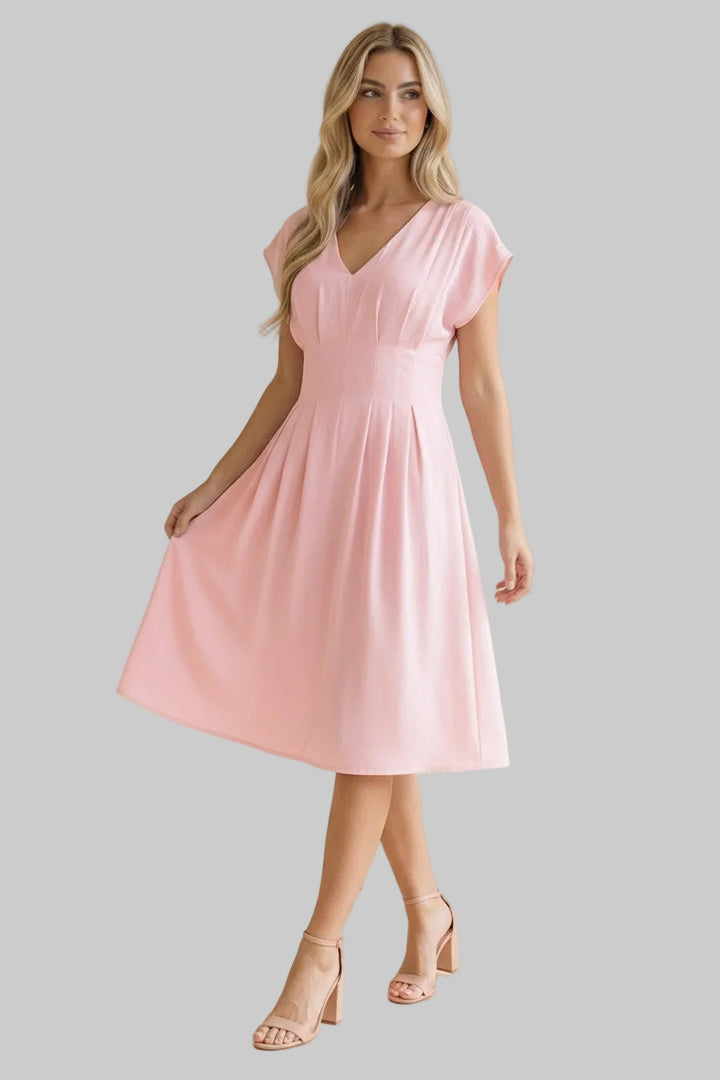 CAP SLEEVE V-NECK PLEATED WOVEN DRESS - BLUSH