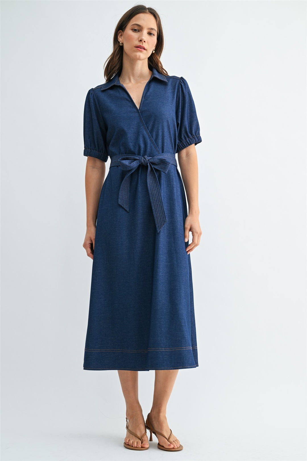 SHORT SLEEVE WRAP TIE LONG DRESS - DEEP DENIM