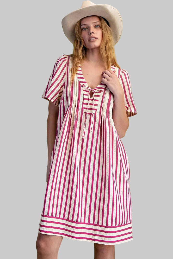 CRINKLED STRIPE SOFT WASHED SHORT DRESS - MAGENTA