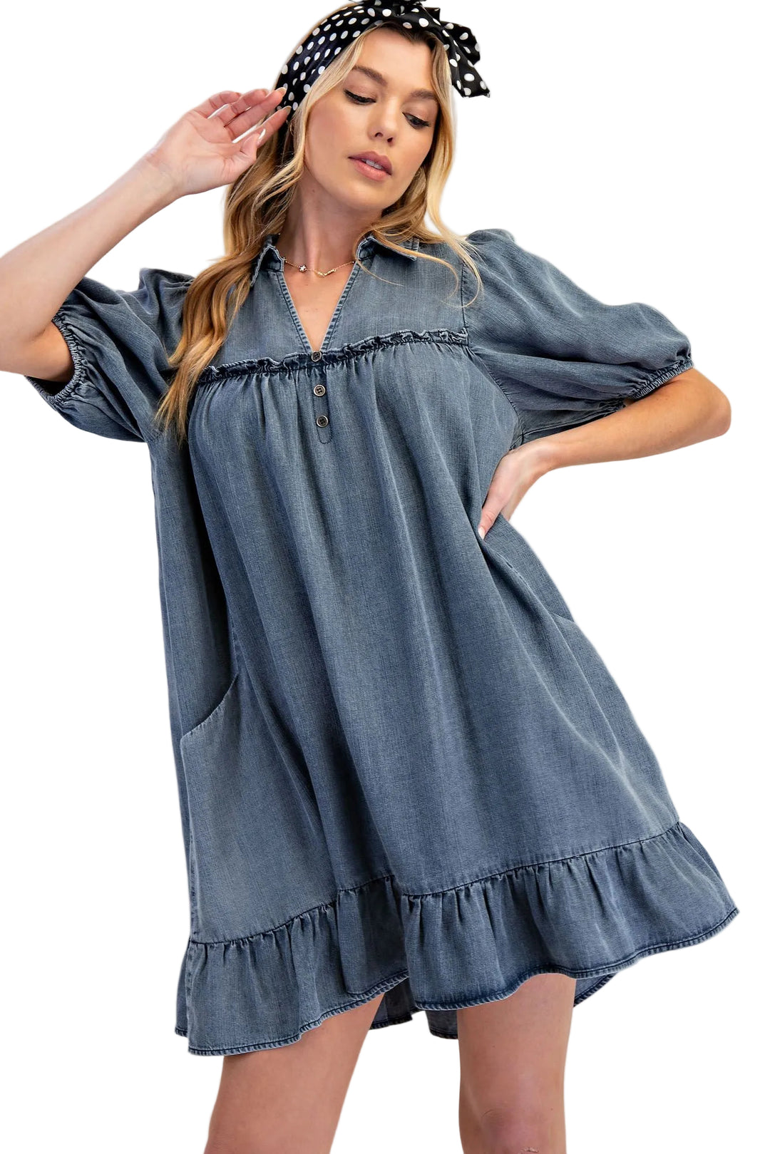 RUFFLE BOTTOM WASHED CHAMBRAY SHORT DRESS - WASHED DENIM