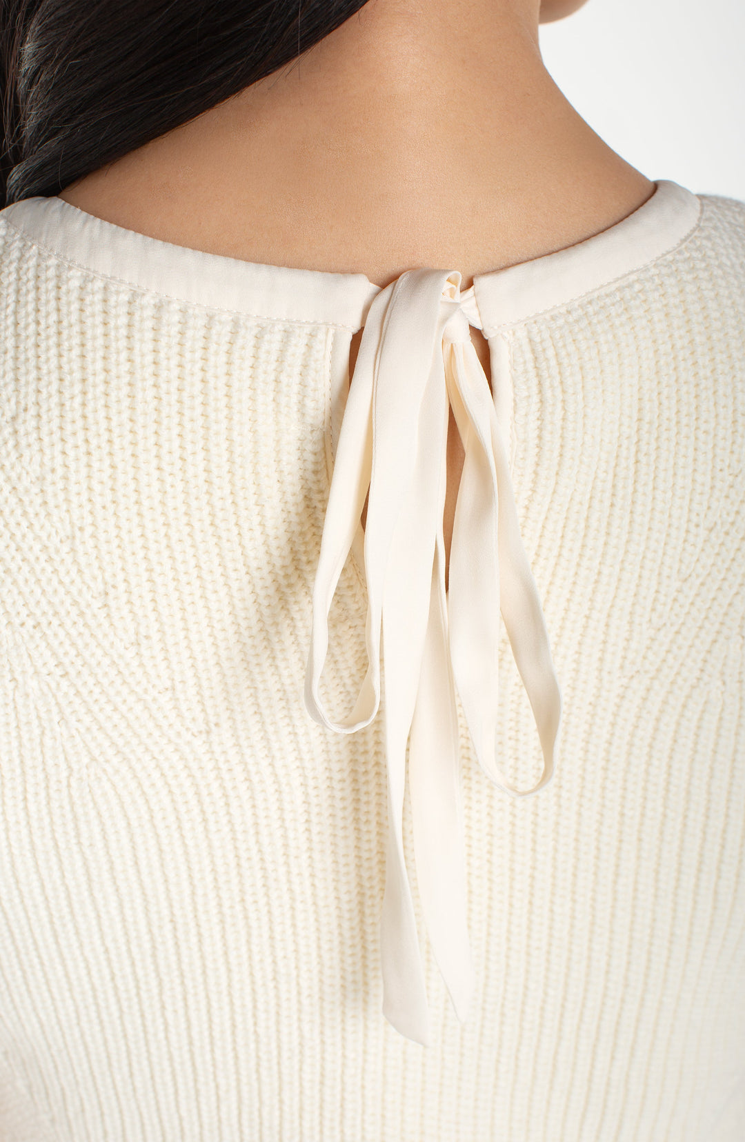 SLEEVELESS CREW NECK TIE BACK SWEATER WOVEN DRESS - CREAM