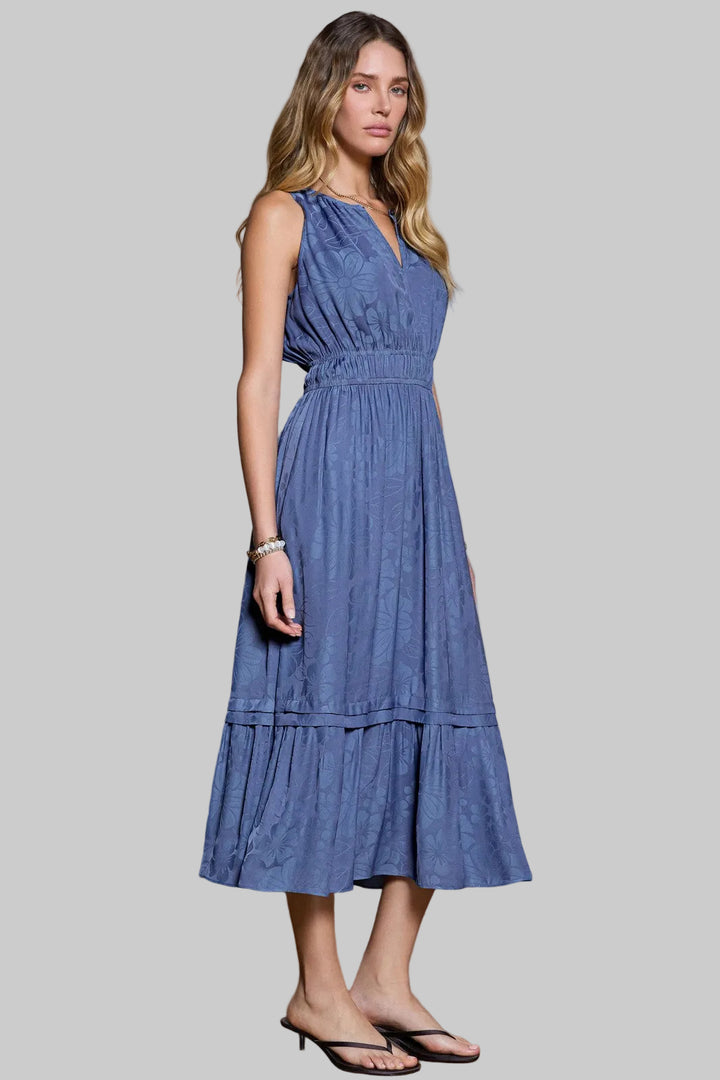 SLEEVELESS HALTER NECK TIERED A-LINE MIDI DRESS