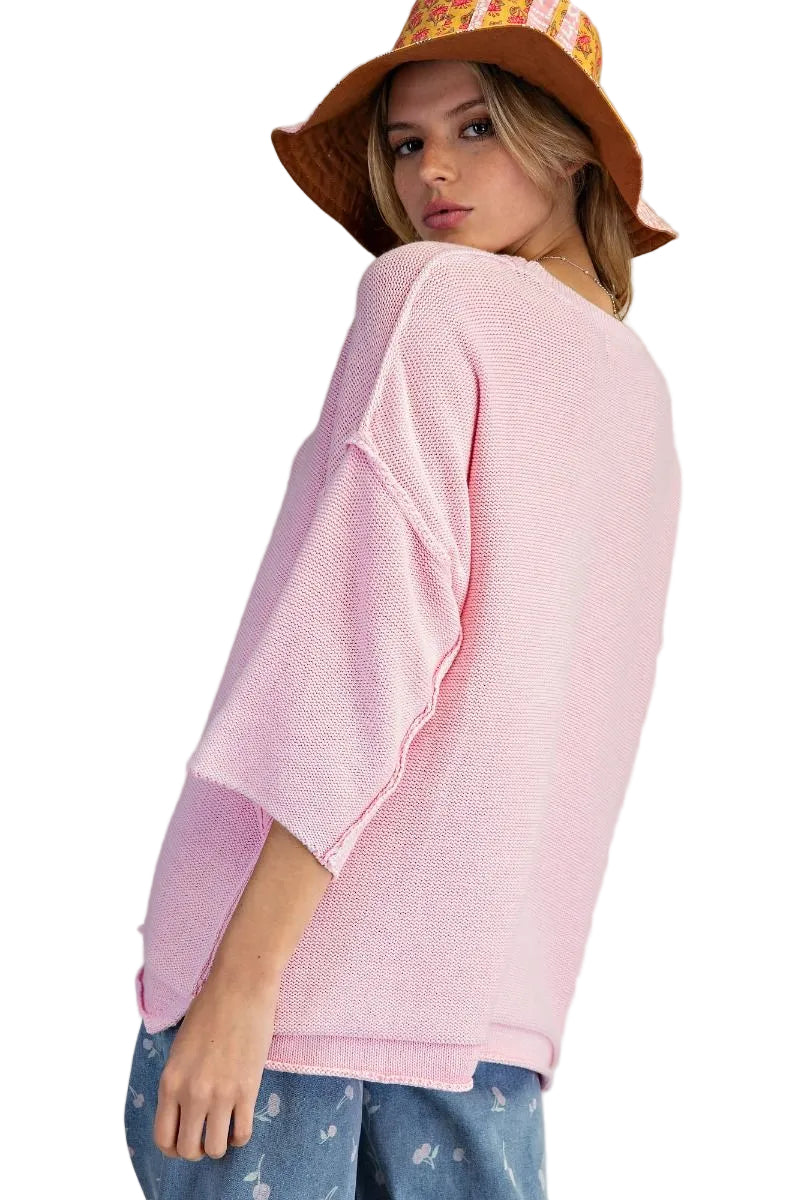 MINERAL WASHED LOOSE FIT KNIT SWEATER - BUBBLE GUM