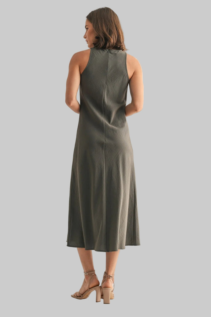 SLEEVELESS SOLID MIDI DRESS - OLIVE