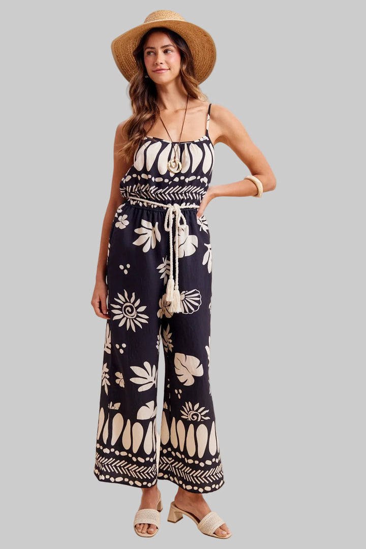 TROPICAL PRINT SCOOP NECK JUMPSUIT - BLACK