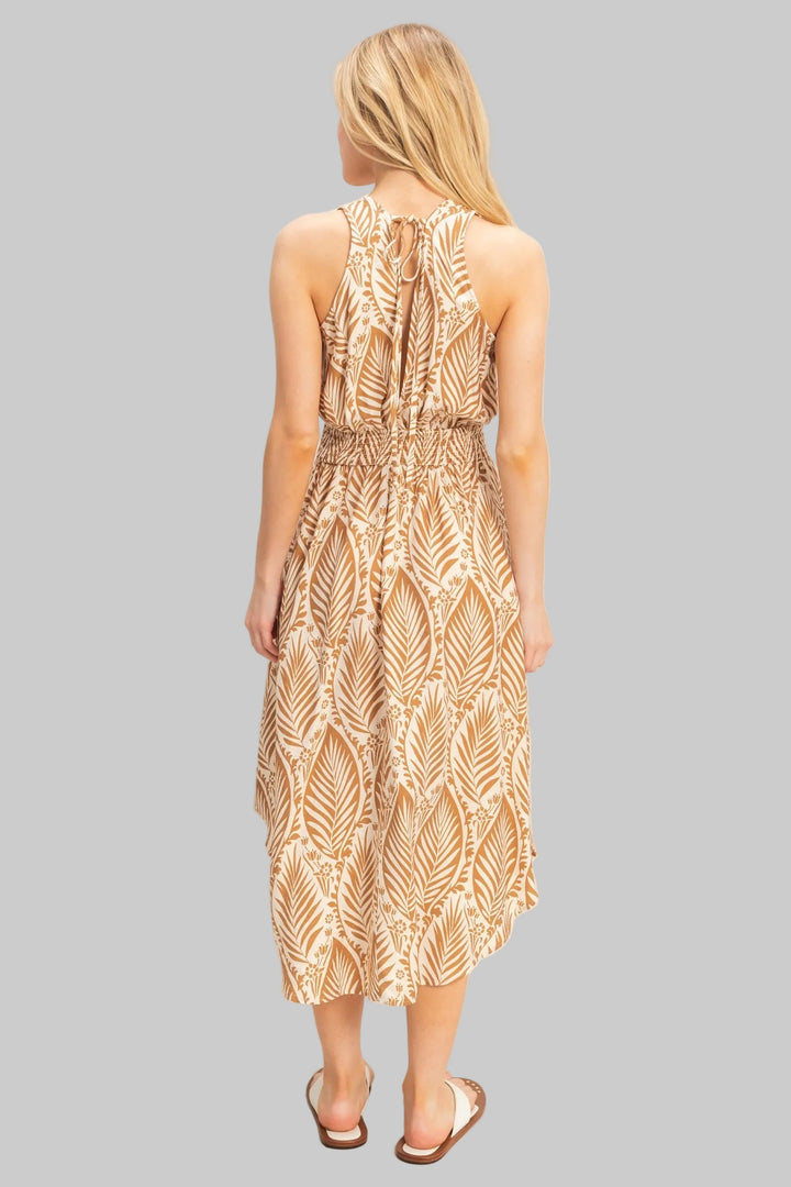 SLEEVELESS SMOCKED WAIST ASYMMETRICAL MIDI DRESS - LIGHT BROWN