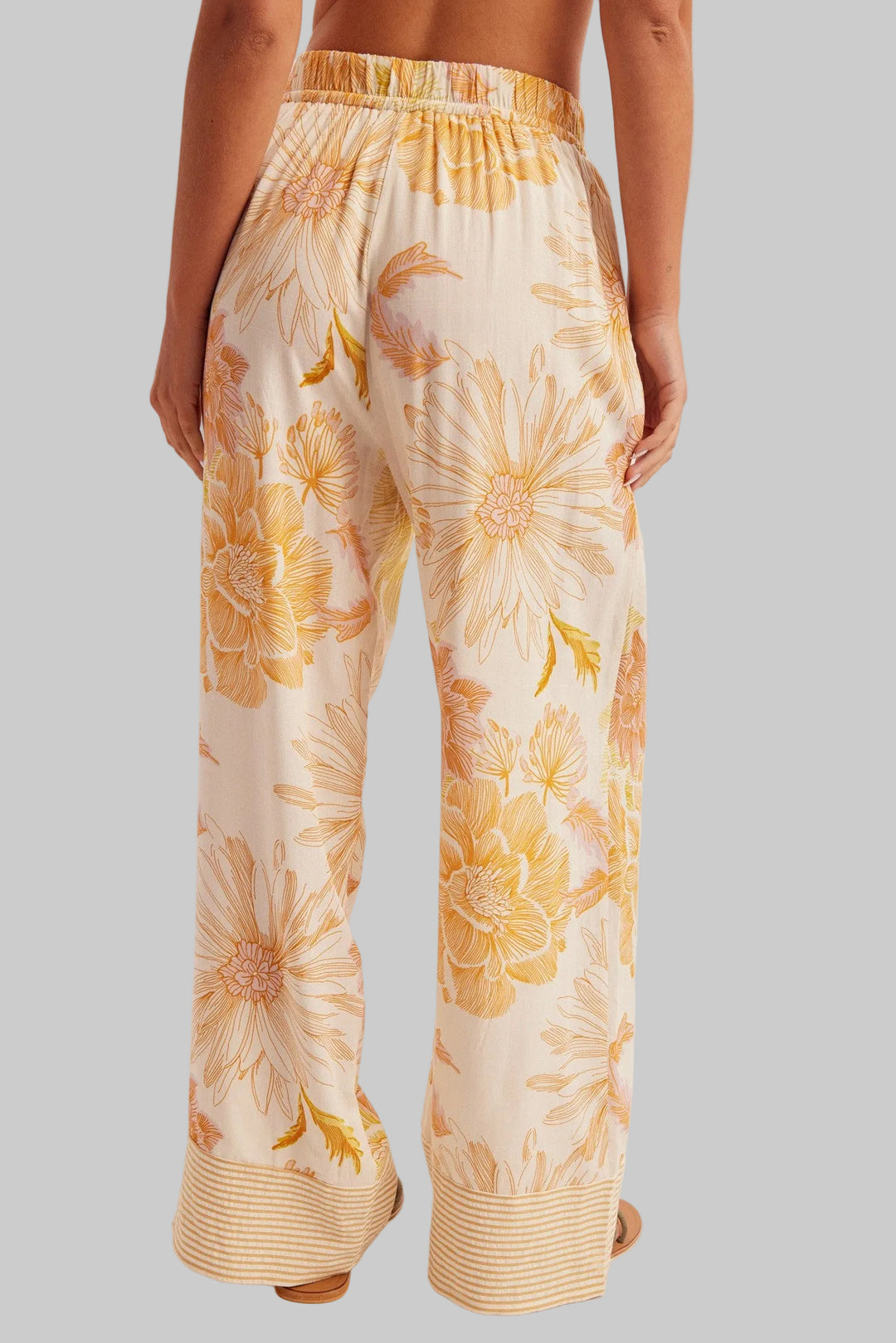 STRIPE CONTRAST FLORAL PRINT PANTS - CREAM/MUSTARD