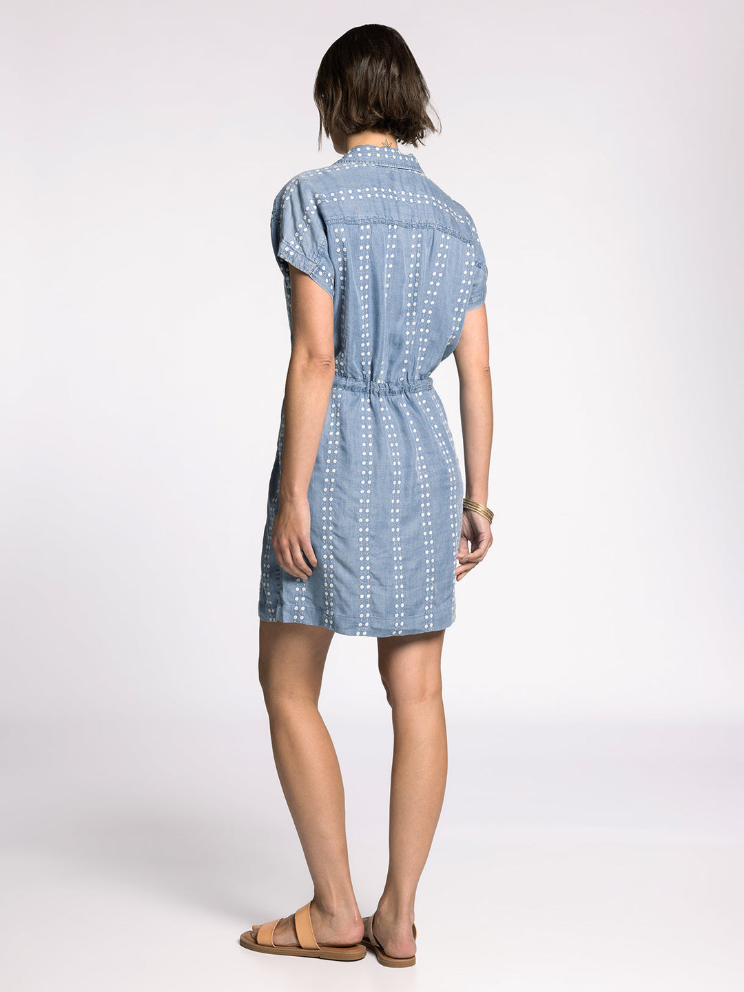 SHORT SLEEVE DENIM NATALIA DRESS - DAISY STRIPE EMBROIDERY