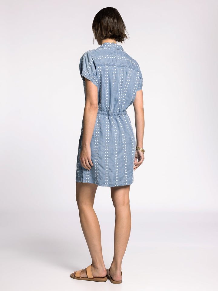 SHORT SLEEVE DENIM NATALIA DRESS - DAISY STRIPE EMBROIDERY
