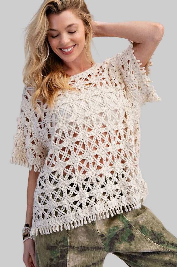 WIDE SLEEVE OPEN KNIT CROCHET TOP - NATURAL
