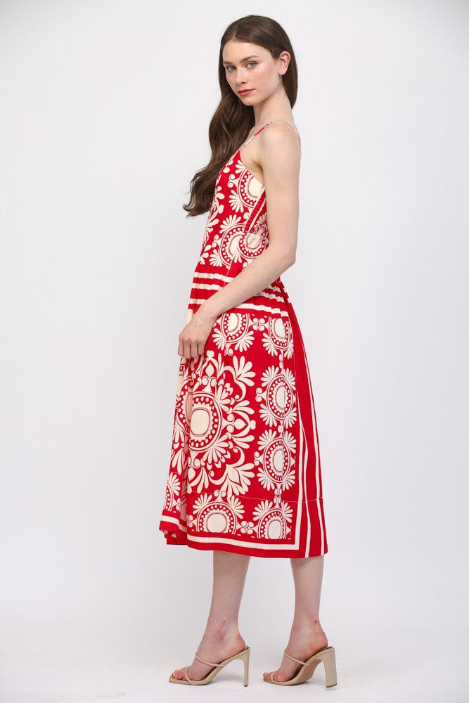 SLEEVELESS FITTED BODICE MIDI DRESS - RED/IVORY